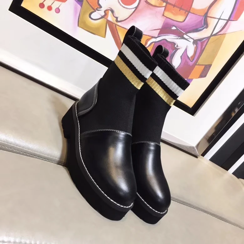 

Brand Chic Women Boots Stripe Pattern Sock Boots Slip On Ankle Boots Leather Short Booties Hommes Chaussures Hot Low Heel Shoes