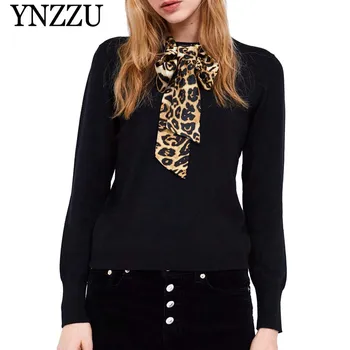 

YNZZU Leopard Bow Scarf Sweater Women 2019 New Spring Black Elegant Long Sleeve Women Knitted Pullovers pull femme hiver YT525