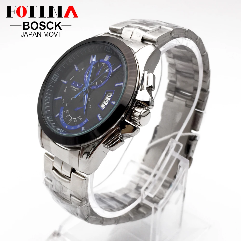 FOTINA Топ бренд BOSCK повседневные деловые часы для мужчин нержавеющая сталь водонепроницаемые кварцевые часы Авто день дата часы Montre Homme