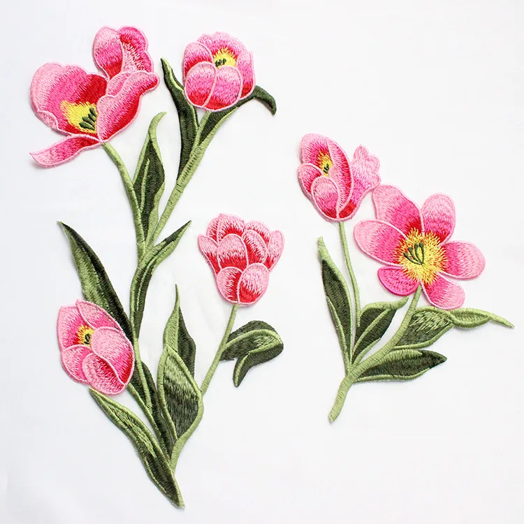 1 Set Tulip Flower Patch Lace Fabric Applique Embroidered Sewing Clothes Diy Accessories Sew on