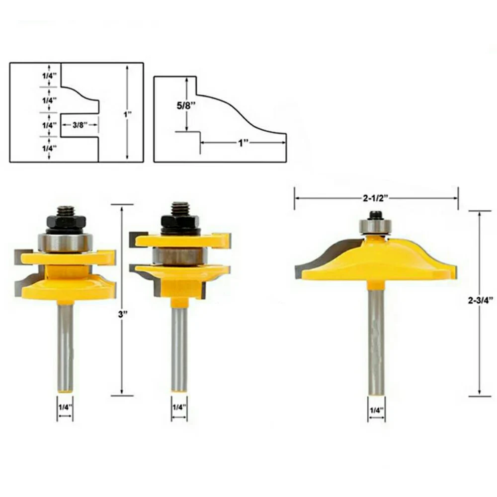 

3pcs router bit Raised Panel Cabinet Door Router Bit Set 1/4 Inch Wood End Milling Cutter Woodworking Cutting Power Hand Tool