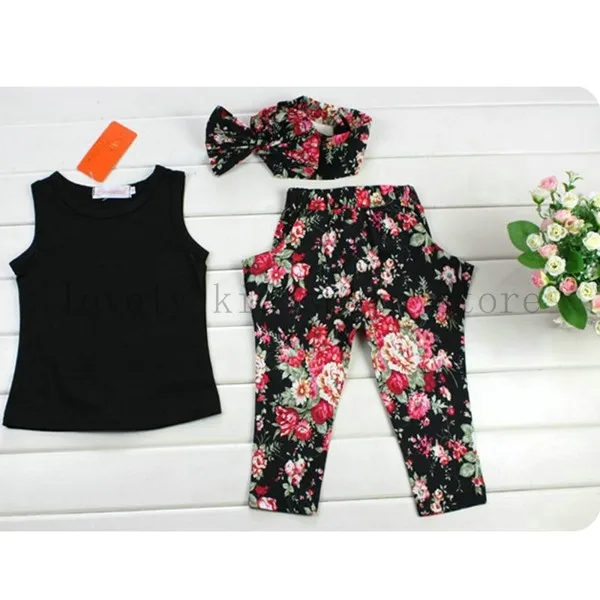  2016 summer children clothing set Fashion Girls floral casual cotton suit sleeveless outfit +headband kids  clothes set  03