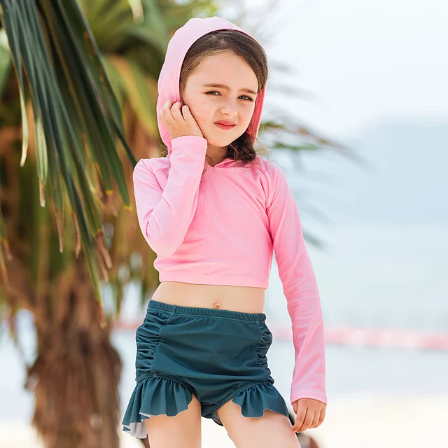 Baby Girls swimsuit 2 pieces lovely cute long sleeve shirt high waist