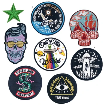 

New Black Snake Skull Embroidered Patches Iron on Aliens Badges Punk Style for Clothes Round Appliques DIY Coat Bags Parches