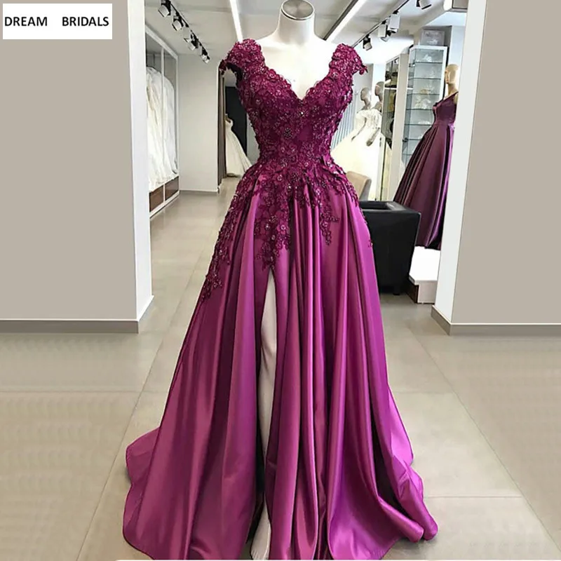 Purple A-Line Deep V-Neck Evening Dresses Long 2019 Abendkleider Cap Sleeve Lace Beading Sequined Abiye Vestido De Festa