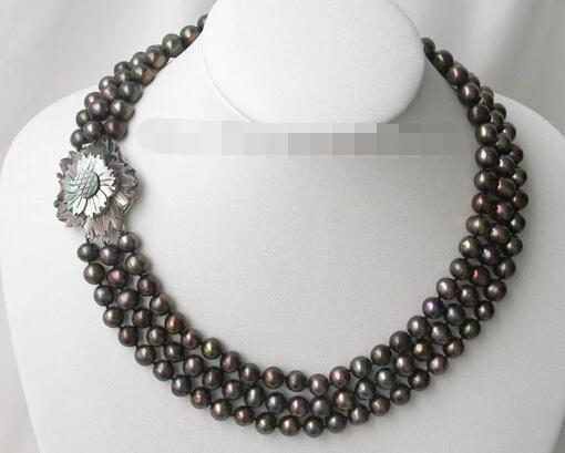 

RHJ0031 3strands 8-9mm black FW pearl necklace flower shell cameo AAA