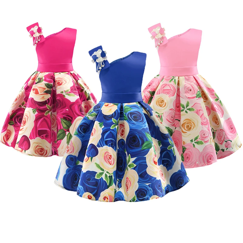 Filles robe une épaule fleur princesse robes pour nouvel été arc robe