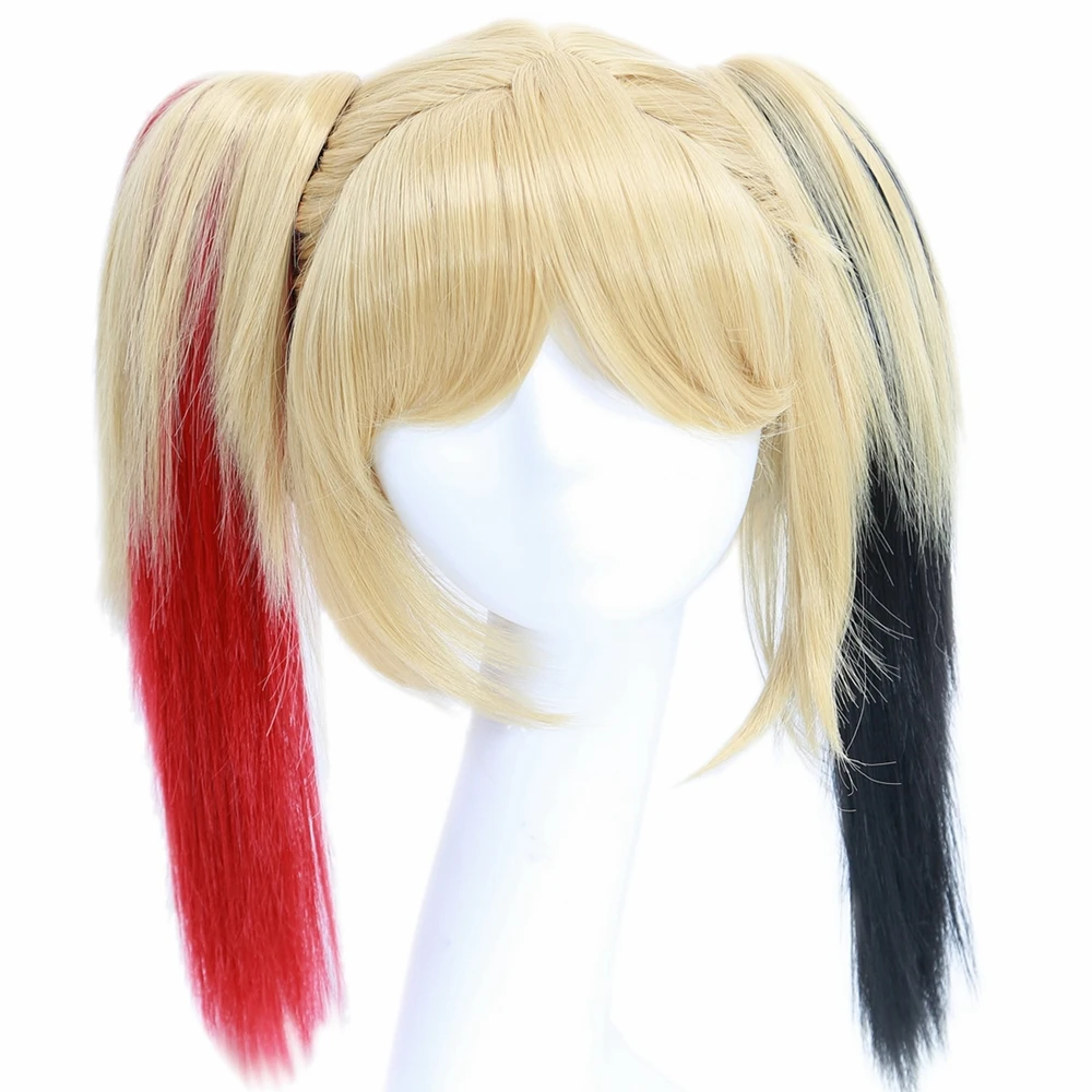 Модный парик для самоубийцы Харли Куинн, карнавальный костюм, головные уборы, коричневые длинные прямые волосы, вечерние парики с красными черными булочками
