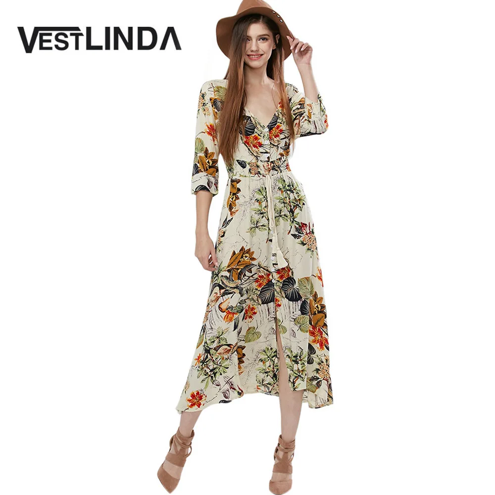 VESTLINDA Vintage Dress Allover Floral Print Elestic Waist Split Long Dress V Neck 34 Sleeve Robe Femme Women 2017 Summer Dress 1