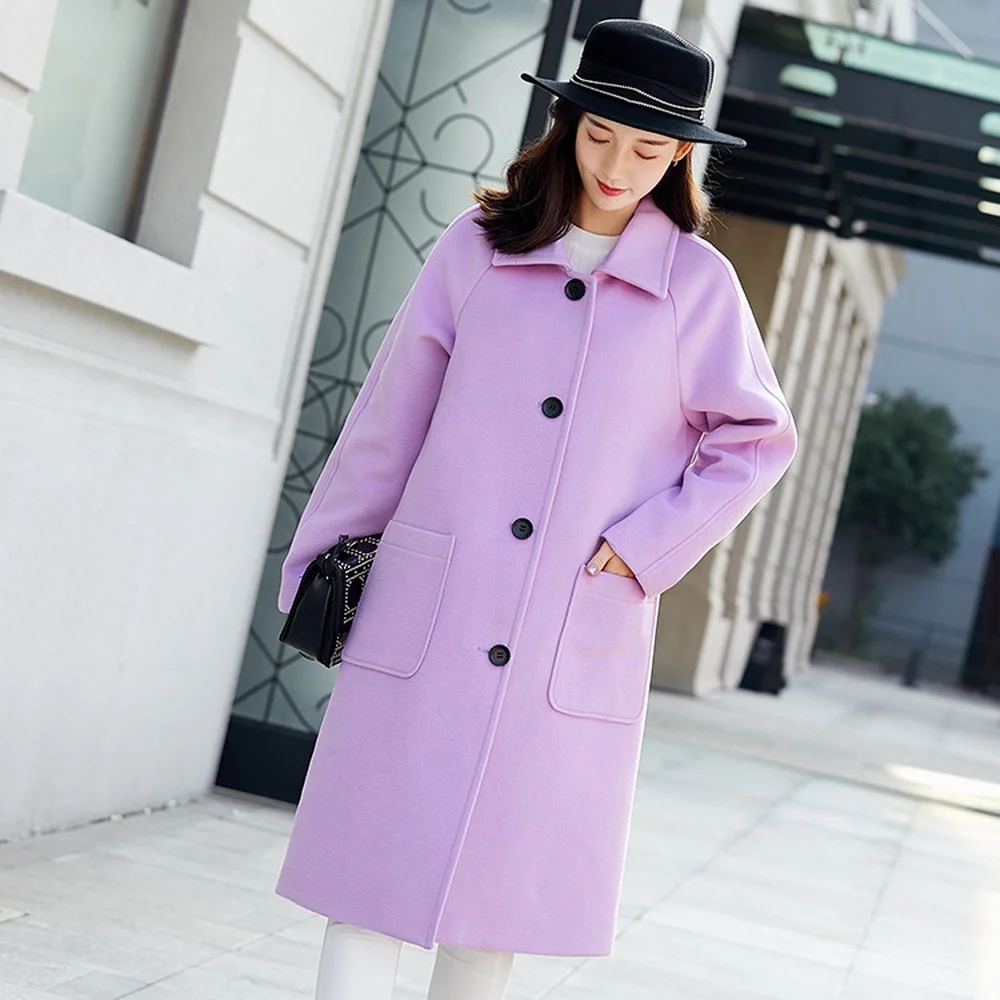 

2019 New Fashion Autumn Single Breasted Winter Women Long Loose Coat Black/Citron Purple
