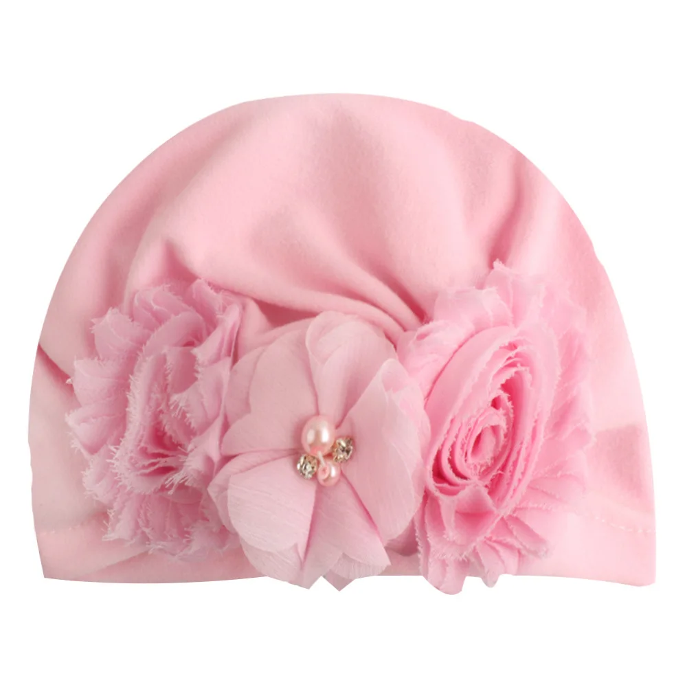 Милые однотонные шапочки шляпка для девочки с цветком карамельного цвета Детская чалма Кепка для девочек эластичные Аксессуары для
