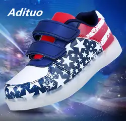 Осенние модные кроссовки со светодиодной подсветкой для мальчиков и девочек; светящаяся обувь с рисунком американского флага;
