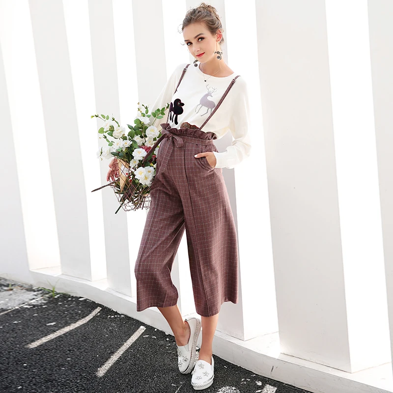 

2018 spring maternity jumpsuit pants for pregnant ladies pregnancy bib pants mummy playsuit women loose fit plaid strap trousers