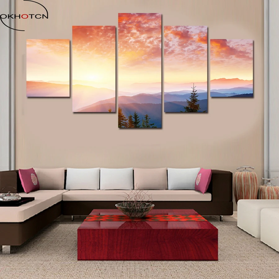 OKHOTCN 5 Pieces Popular Landscape HD Printed Sunset Modern Wall