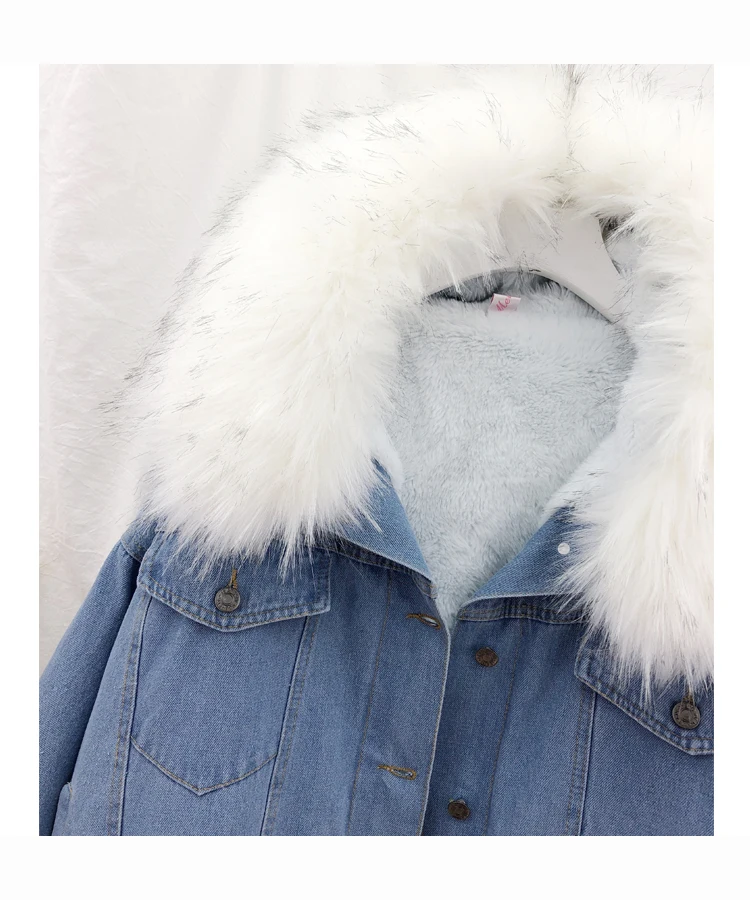 Корейское короткое зимнее пальто для женщин джинсовая куртка винтажная Harajuku женская меховая шея с капюшоном Мех Ягненка теплая джинсовая куртка женское джинсовое пальто