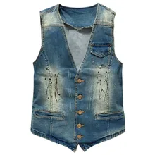 Мужские Винтажные джинсовые жилеты модная куртка без рукавов брендовая мужская одежда V жилеты с вырезом однобортные джинсовые куртки J2863