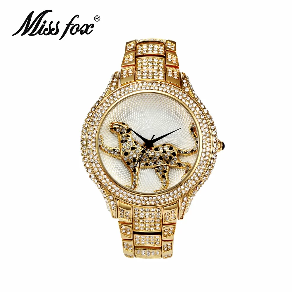 

MISS FOX Brand Luxury Women Watches 3D Leopard Watch Stainless Steel Full Diamond Gold Quartz Watches Fashion Relogio Feminino
