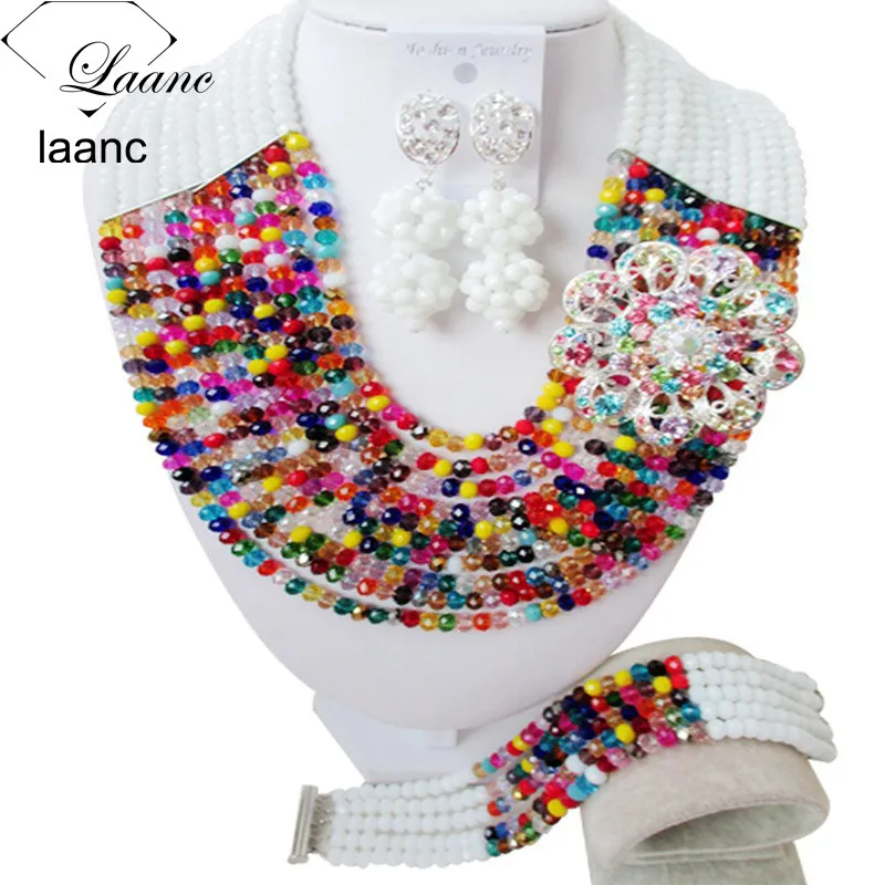 

Laanc White and Multicolor Nigerian Beaded Jewelry Set for Women African Fashion Beads Necklace and Earrings C10SZ022