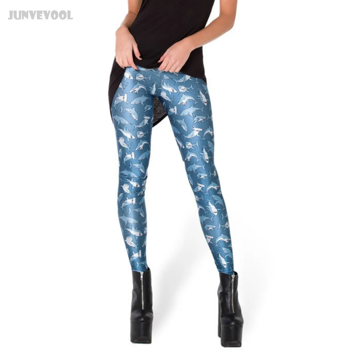 Shark Leggings Women Sexy Shiny Middle Waist Pants Stretchy Dance