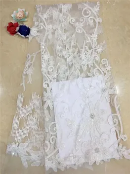 

2019 Latest beads French African Lace Fabric High Quality African Embroidered Tulle Lace Fabric For 2018 Wedding Dress white