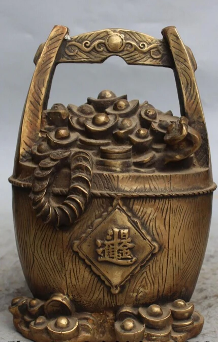 

xd 001624 10" Chinese FengShui Bronze Money Wealth Rich Coin YuanBao barrel bucket Statue