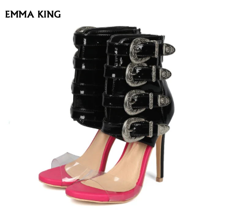 

2019 New Clear Peep Toe Summer Sandals Women Two Tone Buckled Ankle Cuff Stiletto Heel Sandalias Mujer Plus Size Shoes Woman