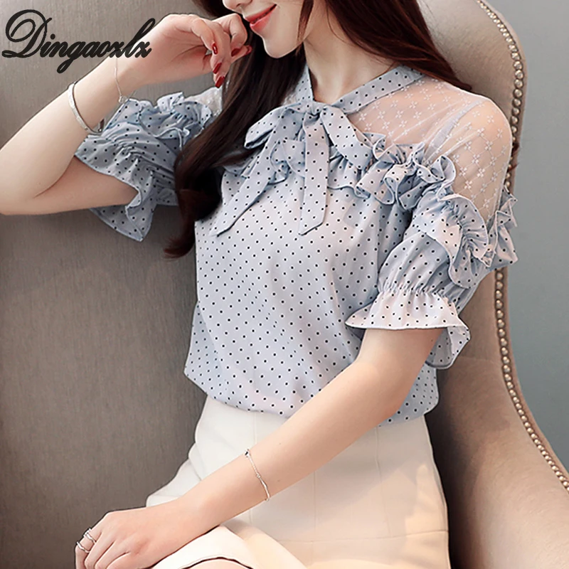 

Dingaozlz Summer New Short-sleeved Chiffon shirt Bow Tie Polka dot Lace Tops Patchwork Women blouse