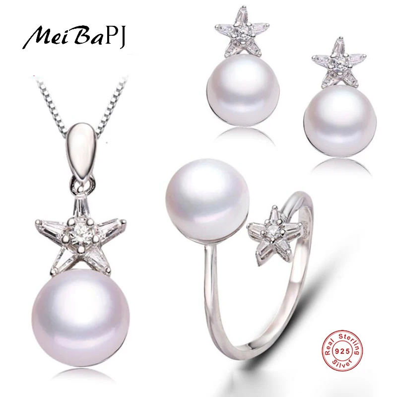 

[MeiBaPJ]New Fashion Real 925 Sterling Silver Sta'r Jewelry Set Natural Pearl Pendant Ring and Necklace 3 Sets for Women