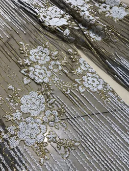 

Newest Cyndi-1010485 african tulle mesh fabric sparkly glued glitter sequins lace fabric for party dress