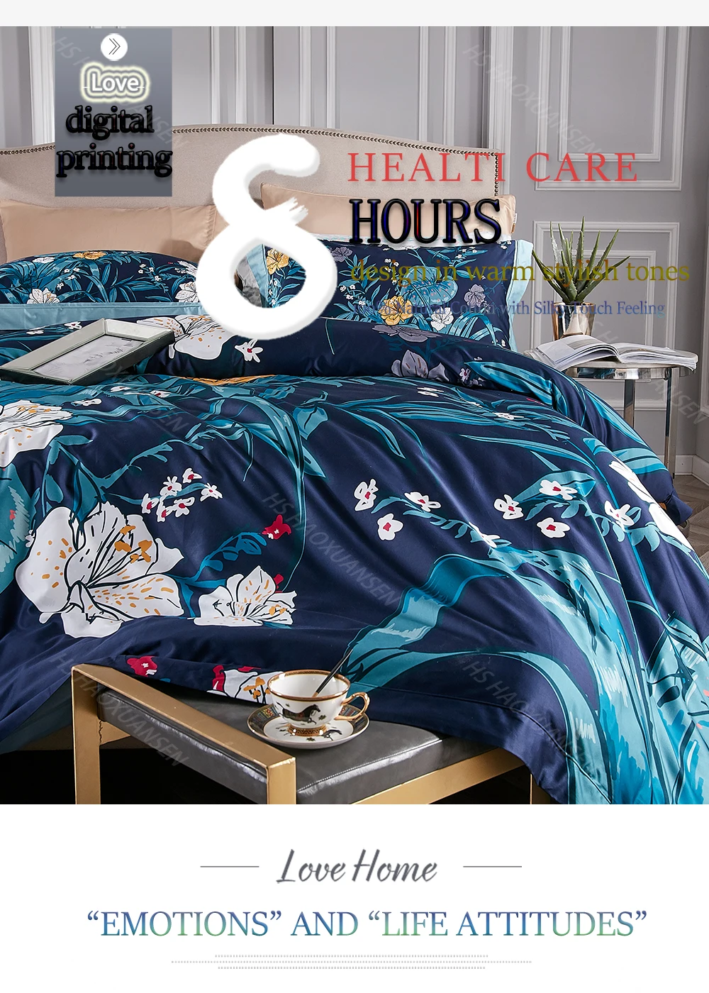 High Density 100S Bedding Sets Navy Blue Plant 3D Flower Printed 4pcs Bed Linen Set Cotton Double Bedsheet Set Queen King Size