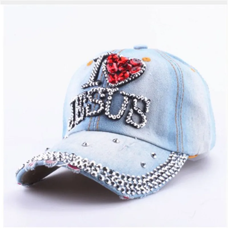 black baseball cap WJ7621  i love red heart Jesus Denim jeans cloth  Artificial stones bling bling Cotton  Baseball Caps green baseball cap Baseball Caps