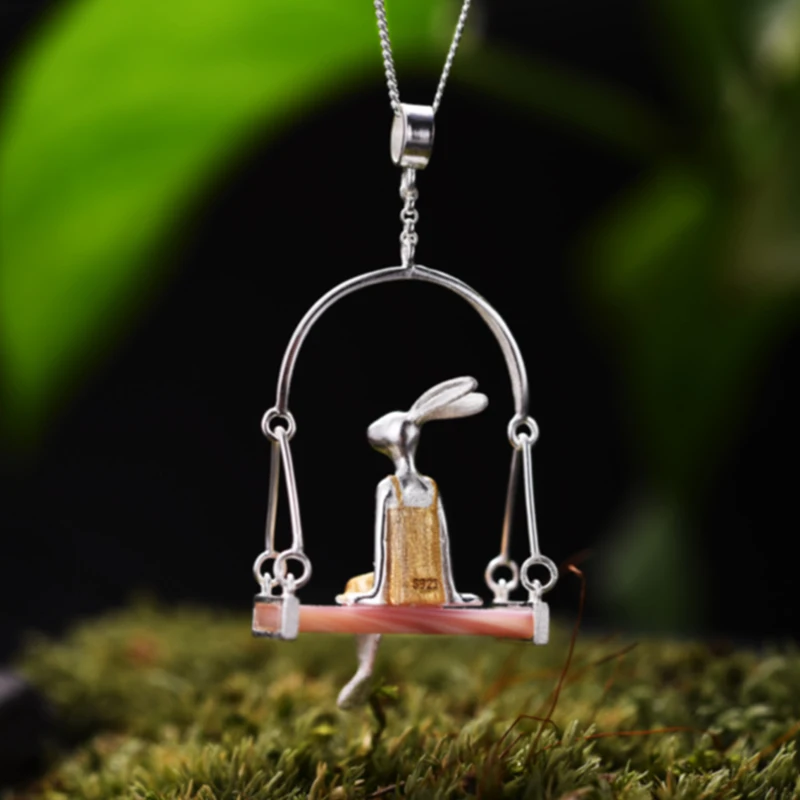 Lotus Fun Real 925 Sterling Silver Natural Mother of Pearl Handmade Fine Jewelry Miss Rabbit Pendant without Chain Acessorios