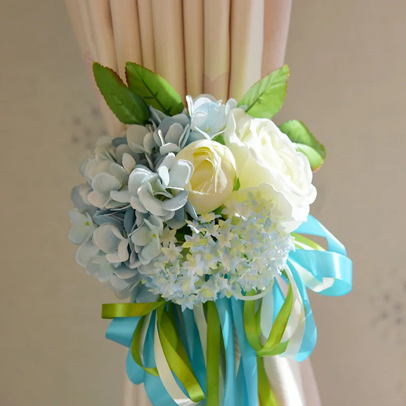  Wedding Bouquet Roses Artificial Flowers Ribbon Blue Hydrangea     (2)