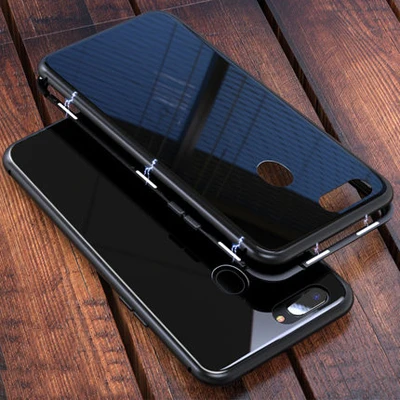 Магнитная Адсорбция металлический чехол для Oppo R11s Plus чехлы для телефонов с Магнето закаленное Стекло чехол для Oppo R 11 s плюс R11sPlus оболочки - Цвет: Черный