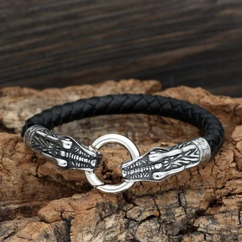 

Men 316L Stainless steel leather norse viking dragon bracelet 21 23 25 CM