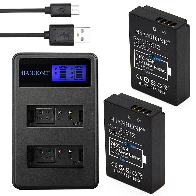 Комплект из 2 предметов, топ с 2400 мА/ч, LP-E12 LPE12 LP E12 Камера Батарея+ LCD Dual charger для Canon M 100D поцелуй X7 Rebel SL1 EOS M10 EOS M50 DSLR