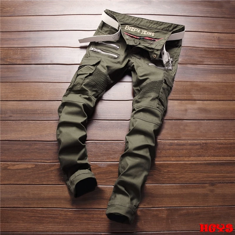 

2017 cultivate one's morality pants stretch denim and feet Army green stitching tide men's trousers