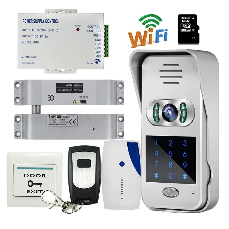 Free Shipping Code Keypad Wireless Wifi RJ45 720P Video Intercom for Phone Remote View Unlock Electric Drop Bolt lock + 8G TF