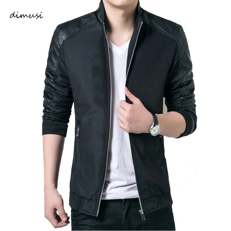 

DIMUSI Spring Autumn Men's PU Patchwork Jackets Casual Men's Thin Solid Jackets Male Slim Windbreaker jacket and Coats 5XL,YA701