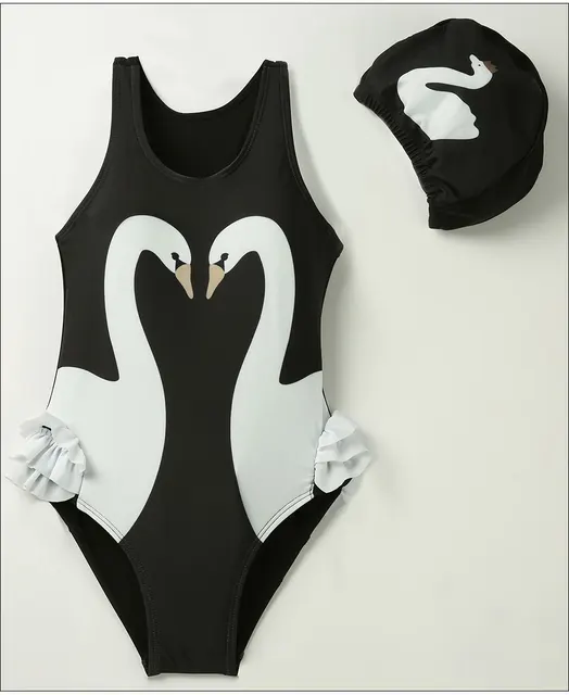 Andzhelika dzieci strój kąpielowy jeden kawałek dziewczyna Bird Print stroje kąpielowe Baby Cup Swim Hat dziecko Sport Body kąpielowy strój dla dziewczyn -