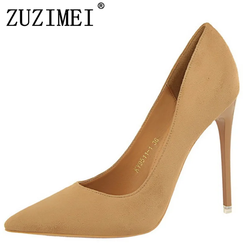 

5 Colors Concise Women's OL Office Shoes 2017 New Show Thin Women Pumps Solid Flock Pointed Toe Shallow Fashion High Heels Shoes
