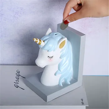 

Nordic Unicorn Coin Money Box Bookend Fashion Student Bedroom Desktop Decoration Living Room Resin Craftwork Ornaments X2021