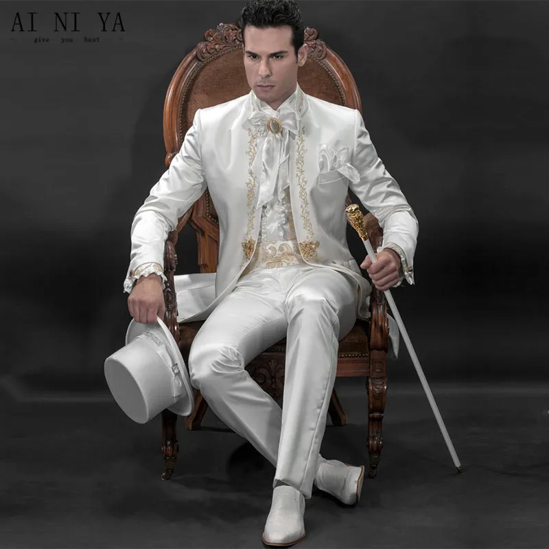 Offer Offer of  Stylish men's suits New Groom Suit White Wedding Suit Bridegroom Gold lace embroidery Suits custom 