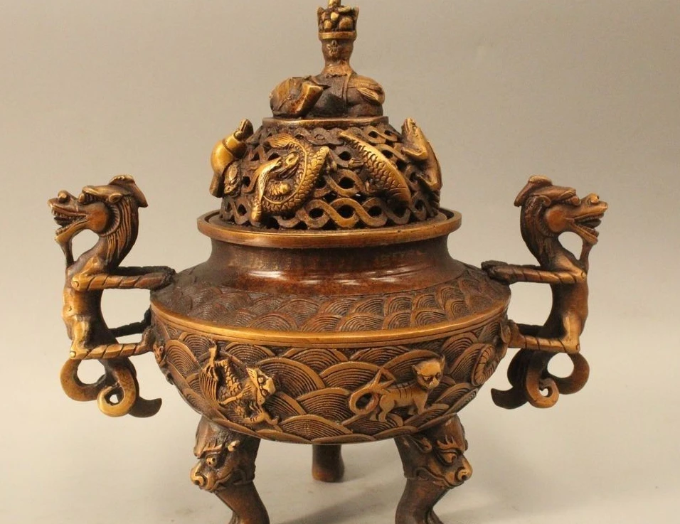 

9" Chinese Brass Elephant Zun Dragon Handle Fish Beast Incense Burner Censer