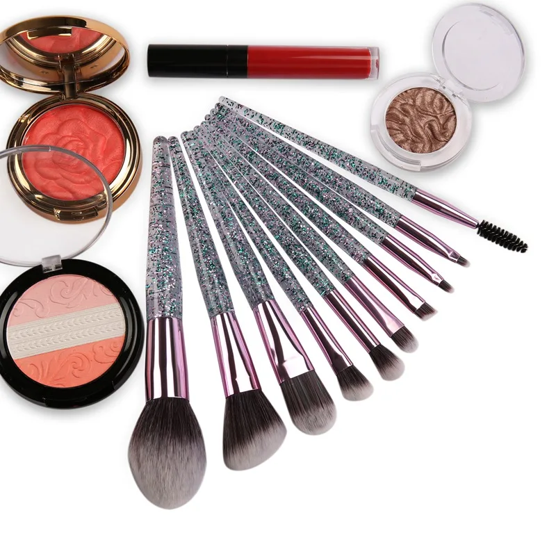 

10 Pcs Acrylic Glittering Purple Tubes Makeup Brushes Set Diamond Highlighter Brushes Concealer Eye shadow Powder Make up Brush