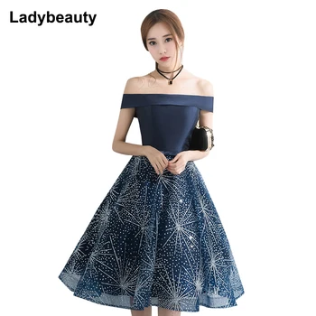 

2019 Boat Neck Pattern Print Women Evening Dress Blue Backless Lace Up Elegant Party Dress