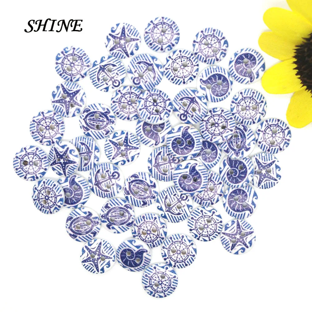 

SHINE Wood Sewing Buttons Scrapbooking Round Mixed Two Holes Navy Style 15mm Dia. 50 PCs Costura Botones Decorate bottoni botoes