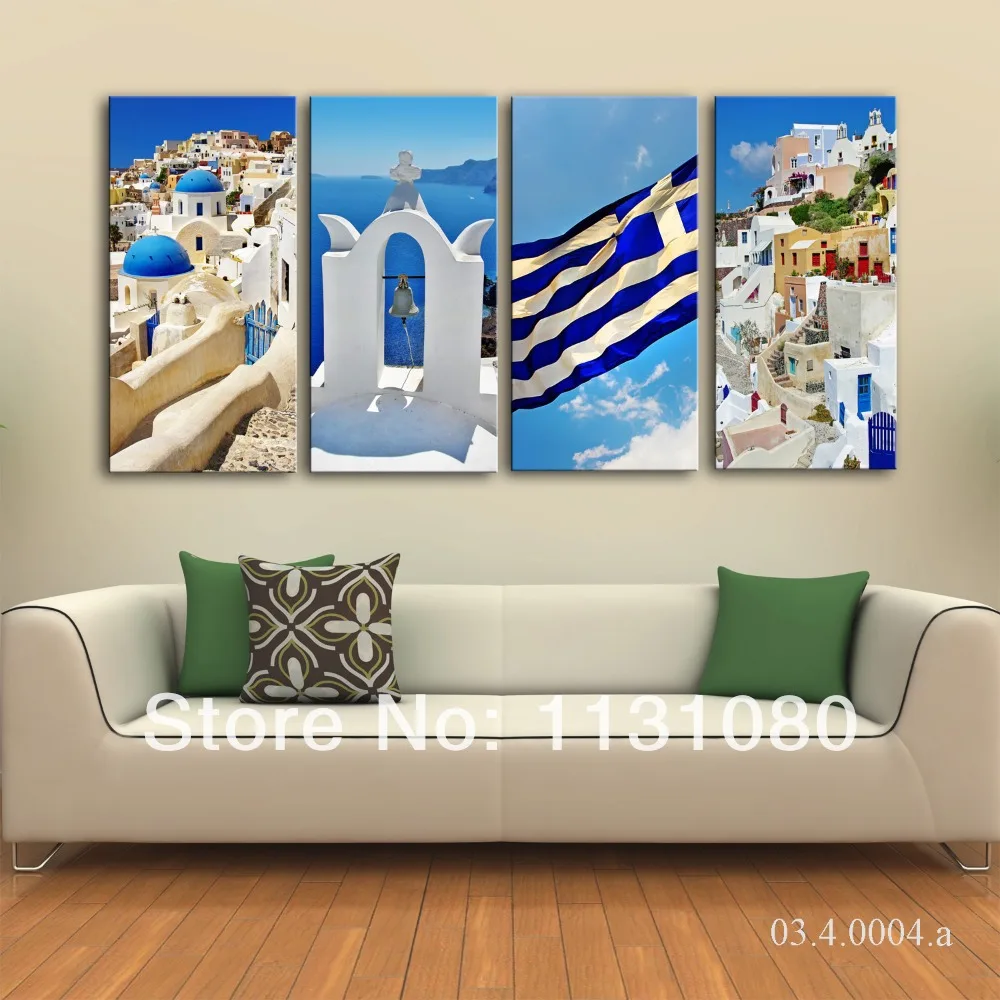 NO FRAME CANVAS ONLY 4pieces White blue Santorini in greek islands