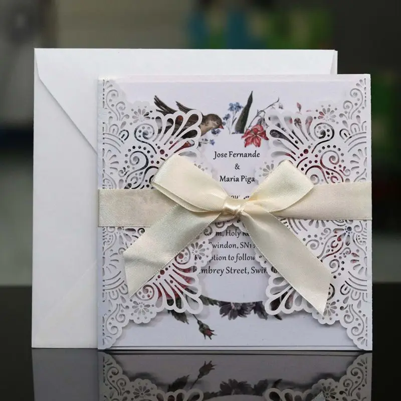  10pcs/set Laser Cut Hollow Invitations Cards Cover Kits With Bow Ribbon For Wedding Bridal Shower B - 33048878176