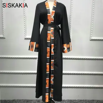 

Siskakia Fashion Printing Patchwork Muslim Cardigan Robes Dubai Turkey kaftans & Jubah Orange Black Color Block Ramadan Clothes